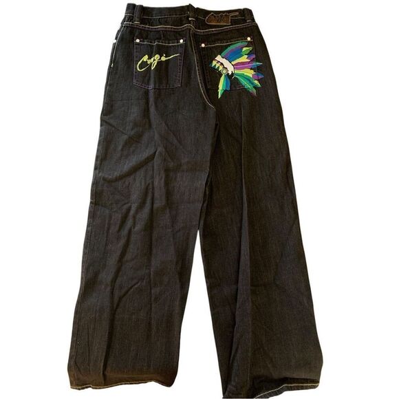 Vintage Coogi wide leg jeans embroidered Native American headress  size 20 - Picture 1 of 8